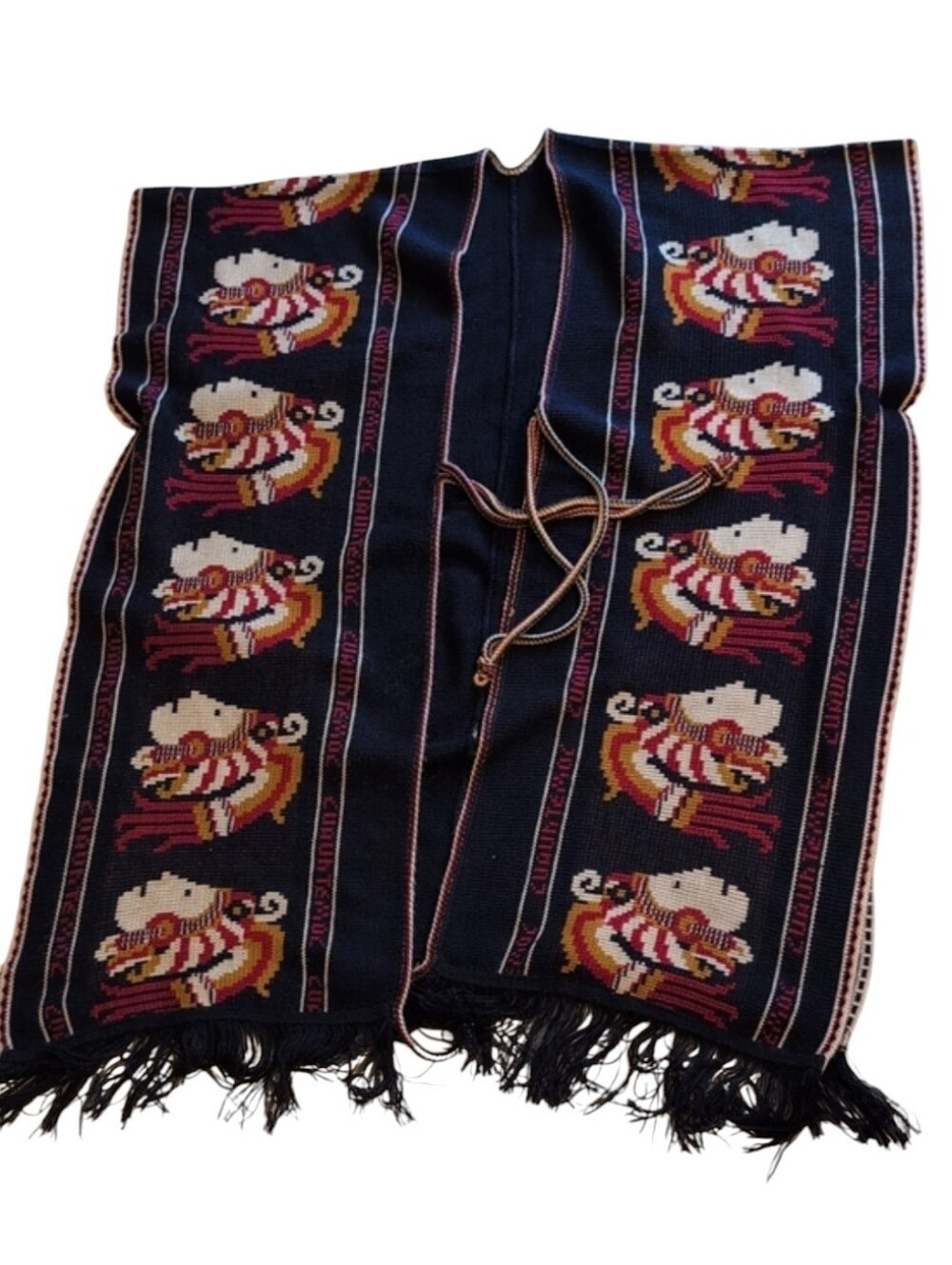 Vintage Aztec Knit Cuauhtemoc Cardigan Poncho Cape Tassels
